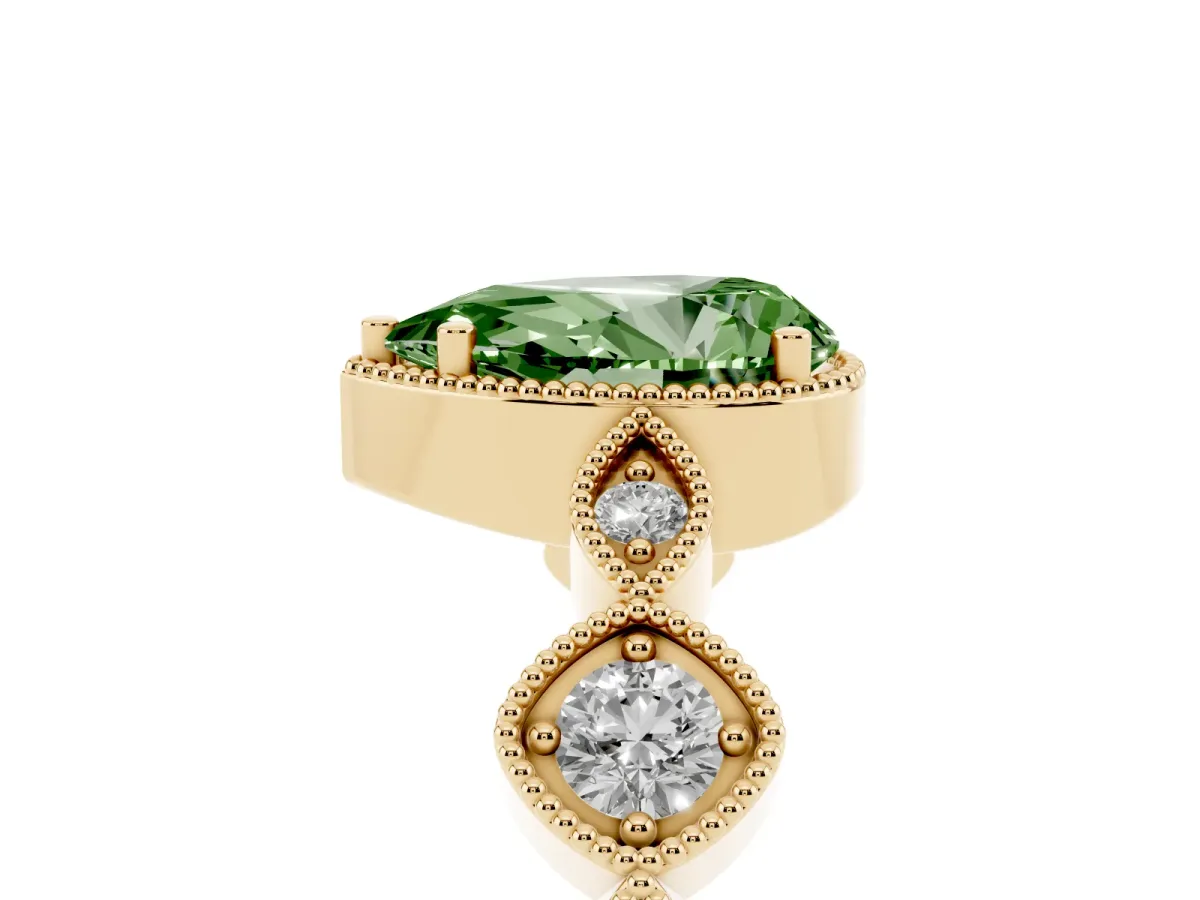 Fancy Green Pear Cut Diamond Vintage Milgrain Ring with Round Stations Yellow gold