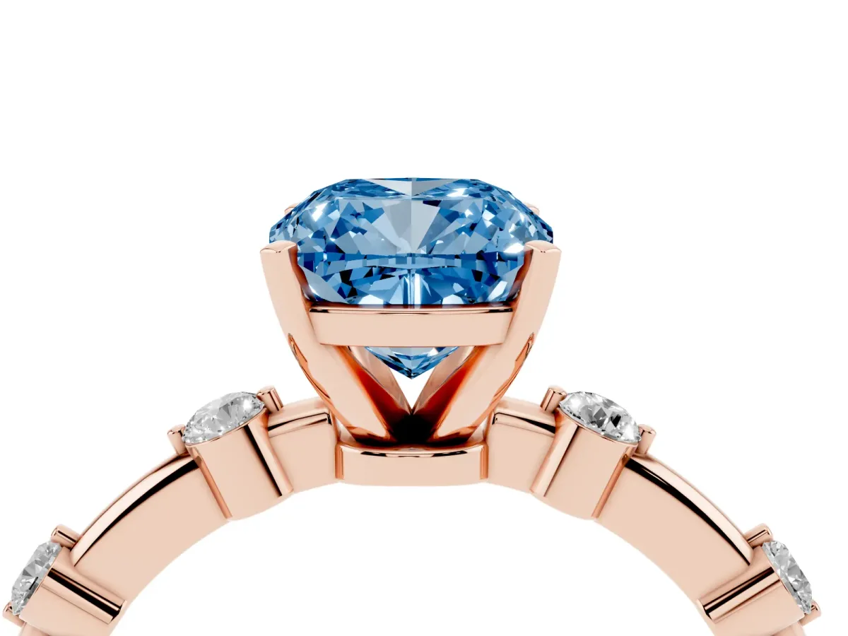 Fancy Blue Cushion Cut Solitaire Diamond Ring with Bezel Set Side Stones and Prong Setting Rose gold