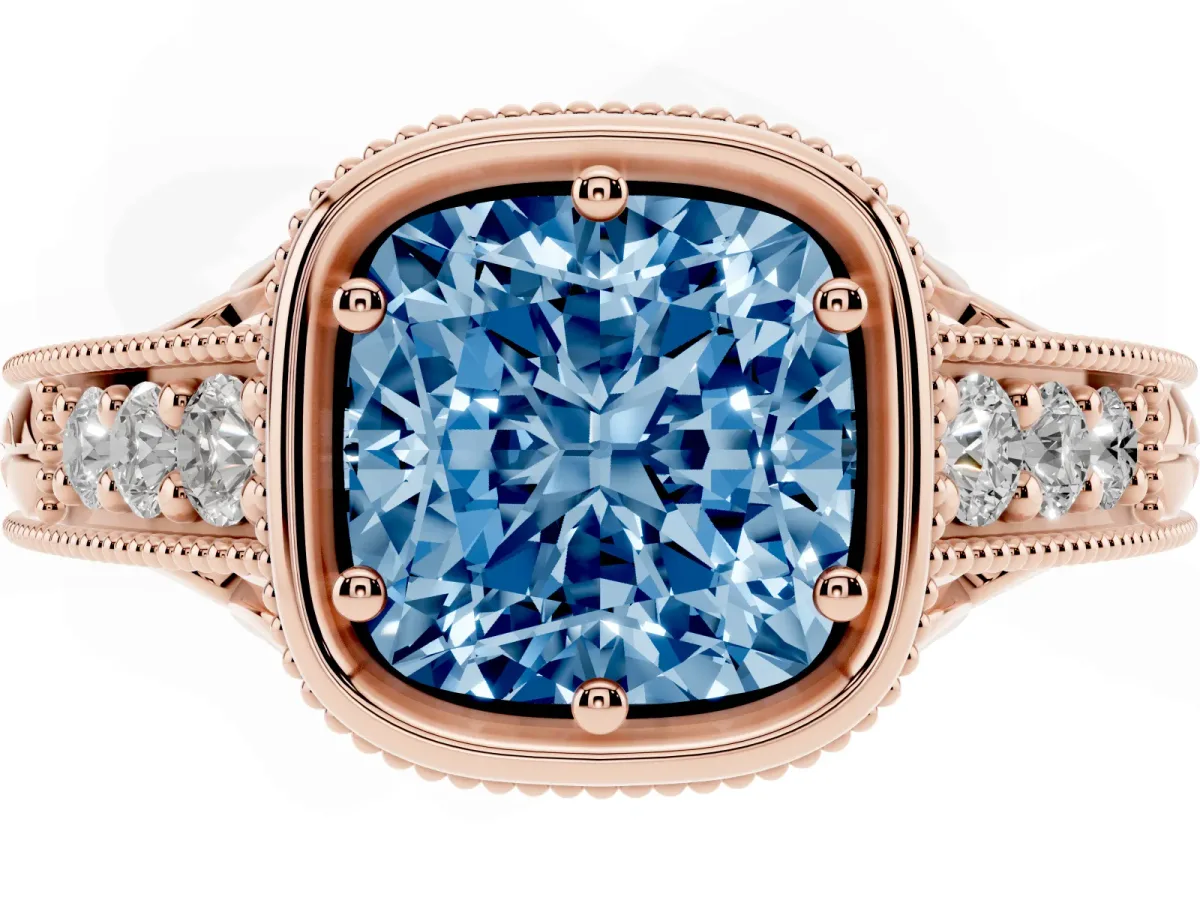 Fancy Blue Bezel Set Cushion Cut Diamond Milgrain Pave Engagement Ring Rose gold