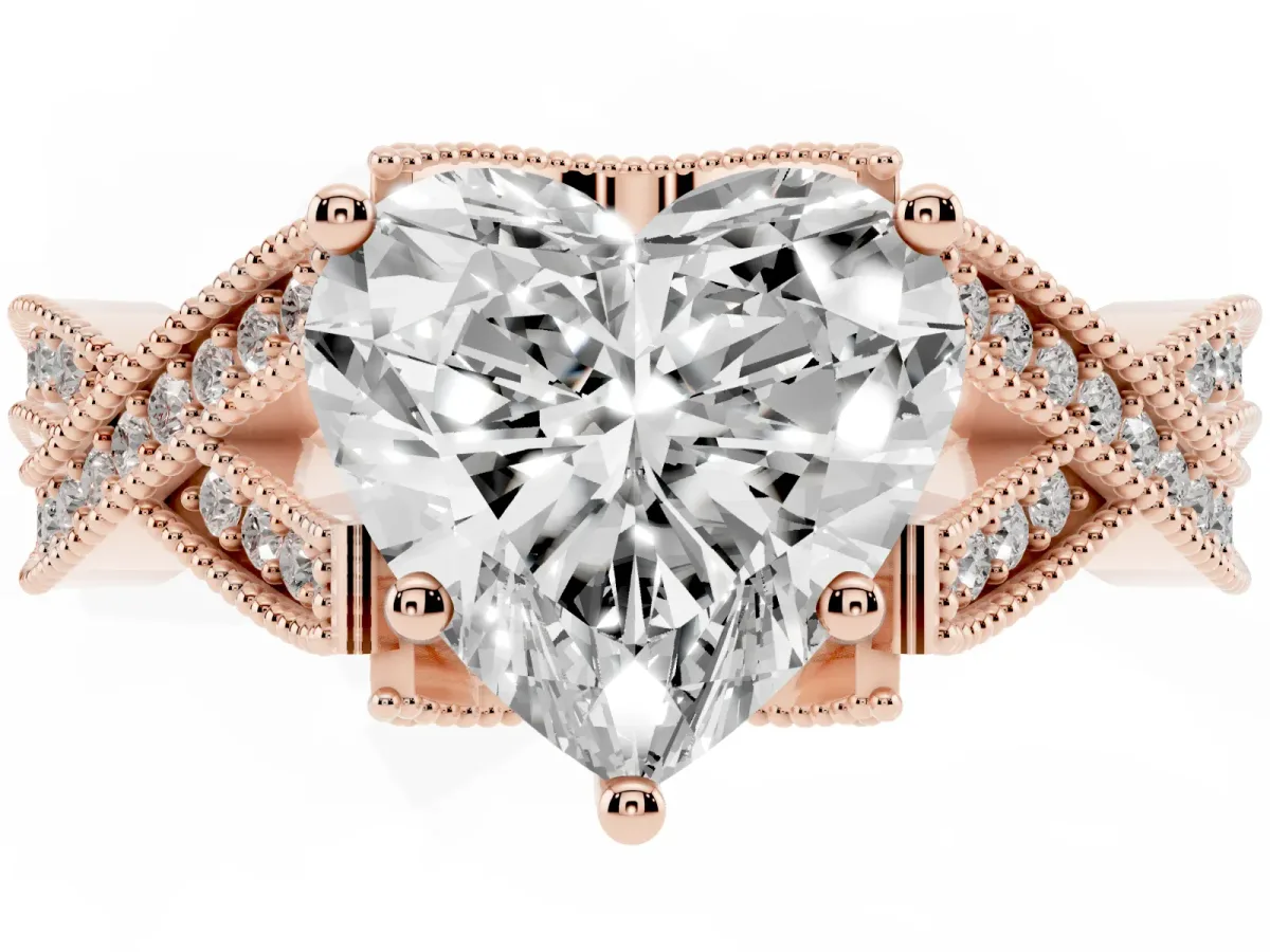 Heart Cut Cut Diamond Twisted Band with Milgrain Pave Setting and Four-Prong Setting Rose gold