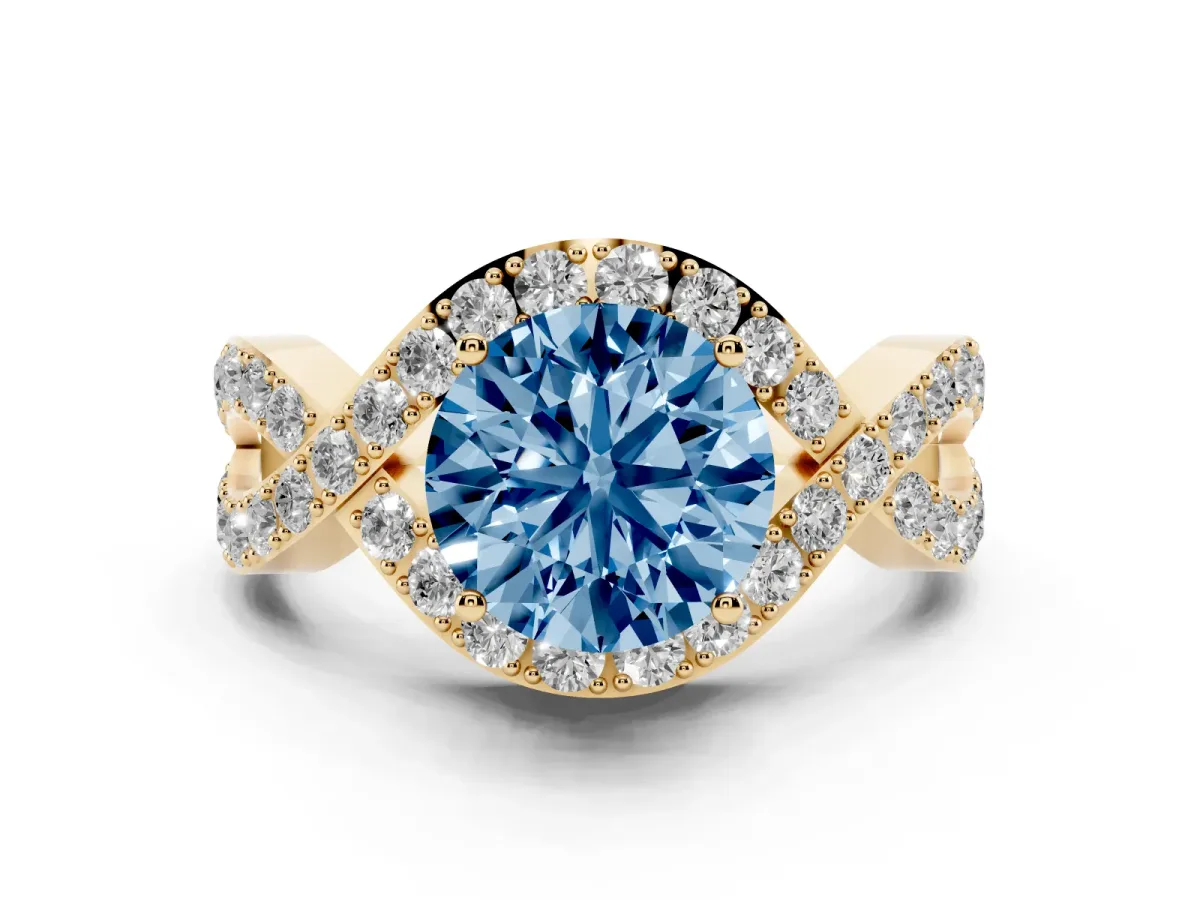 Fancy Blue Round Cut Solitaire Twist Band Pavé Diamond Engagement Ring Yellow gold