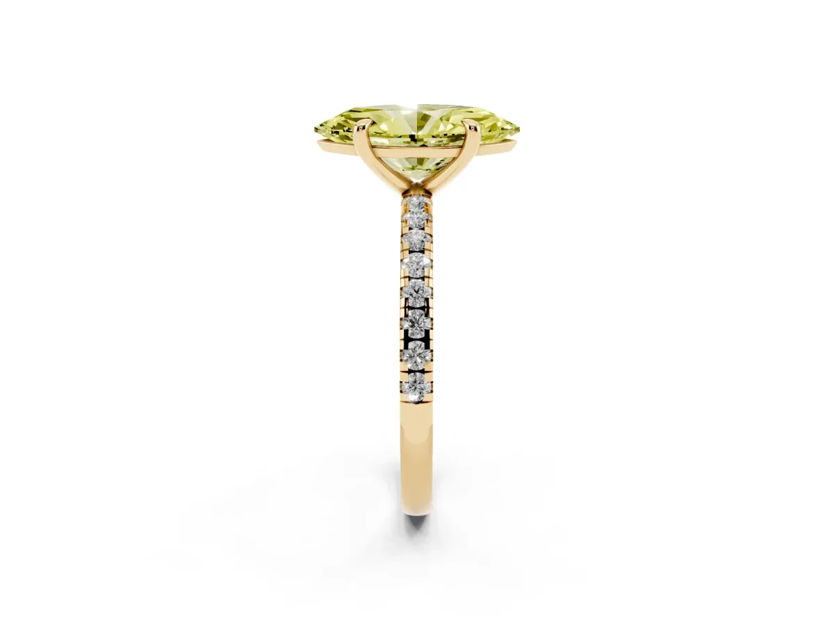 Fancy Yellow Marquise Cut Diamond Brilliant Solitaire Ring with Pavé Band and Four-Prong Setting Yellow gold