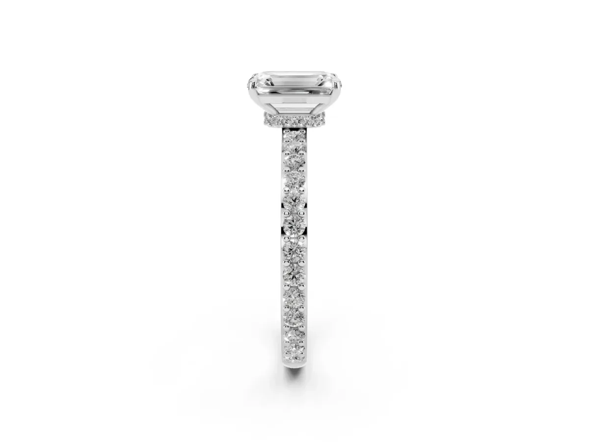 Emerald Cut Diamond Solitaire Engagement Ring with Pavé Band and Four-Prong Setting Platinum