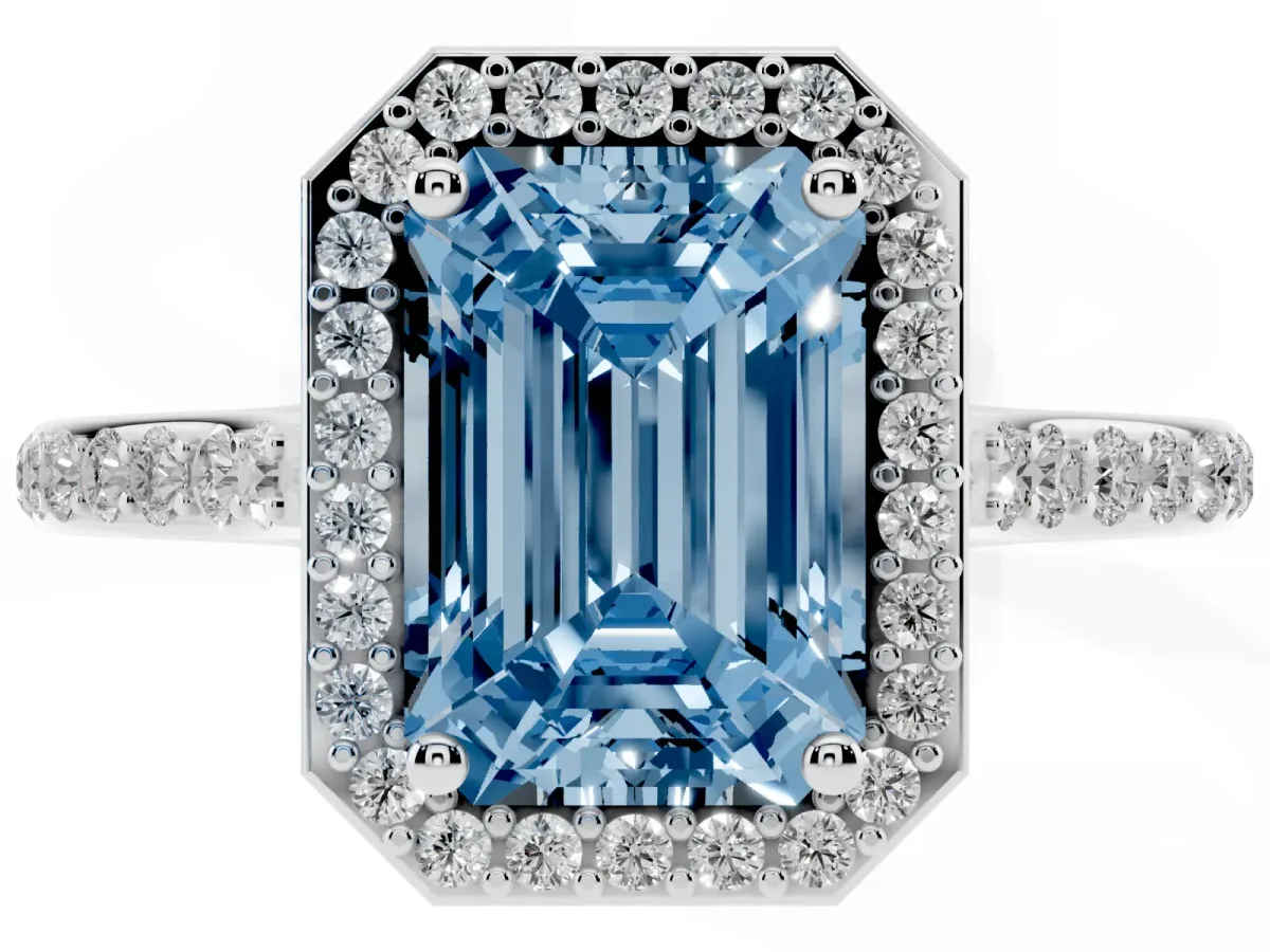 Fancy Blue Emerald Cut Diamond Halo Engagement Ring with Round Pavé Shoulders and Prong Setting Platinum