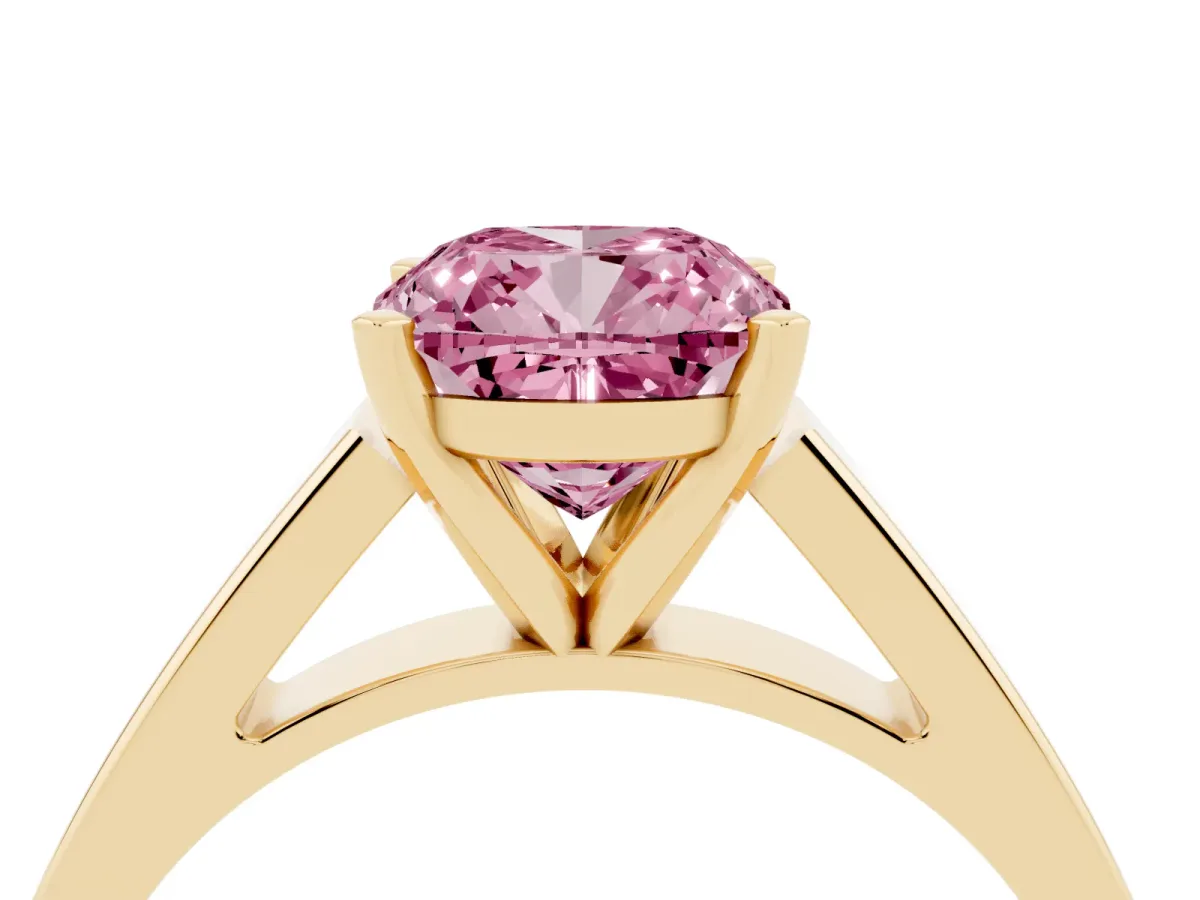 Fancy Pink Cushion Cut Solitaire Engagement Ring with Four-Prong Setting and Tapered Band Yellow gold