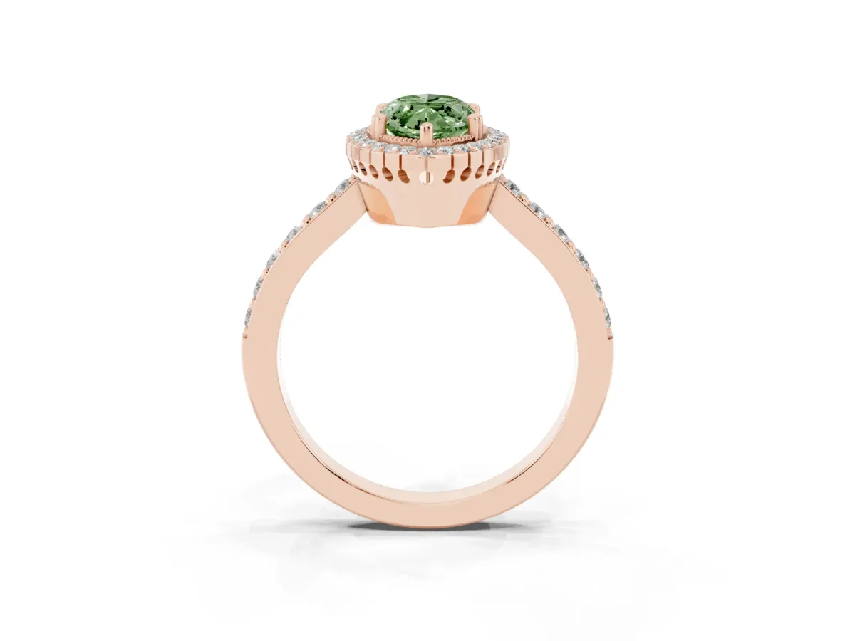 Fancy Green Marquise Cut Cut Diamond Halo Engagement Ring with Milgrain Detail and Pavé Band Rose gold