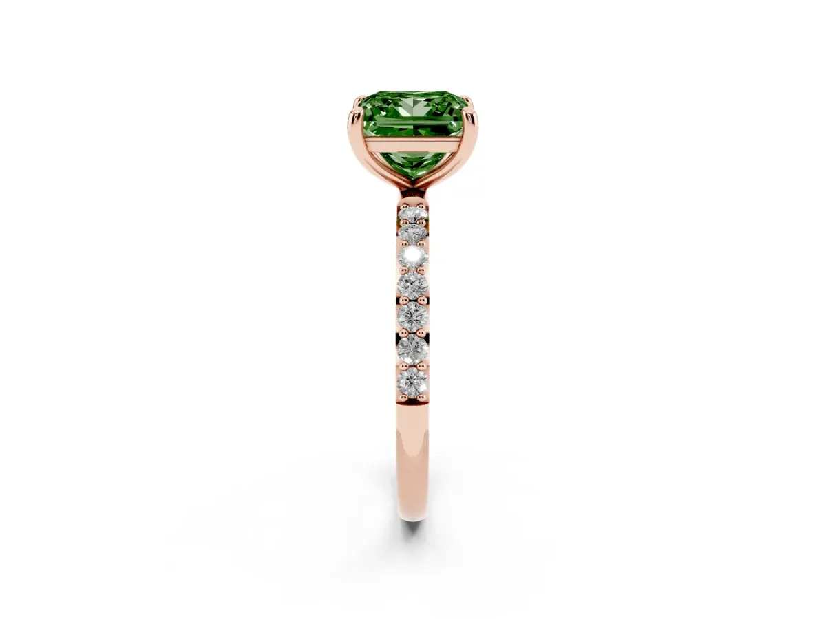 Fancy Green Princess Cut Diamond Solitaire Ring with Round Pavé Band and Prong Setting Rose gold