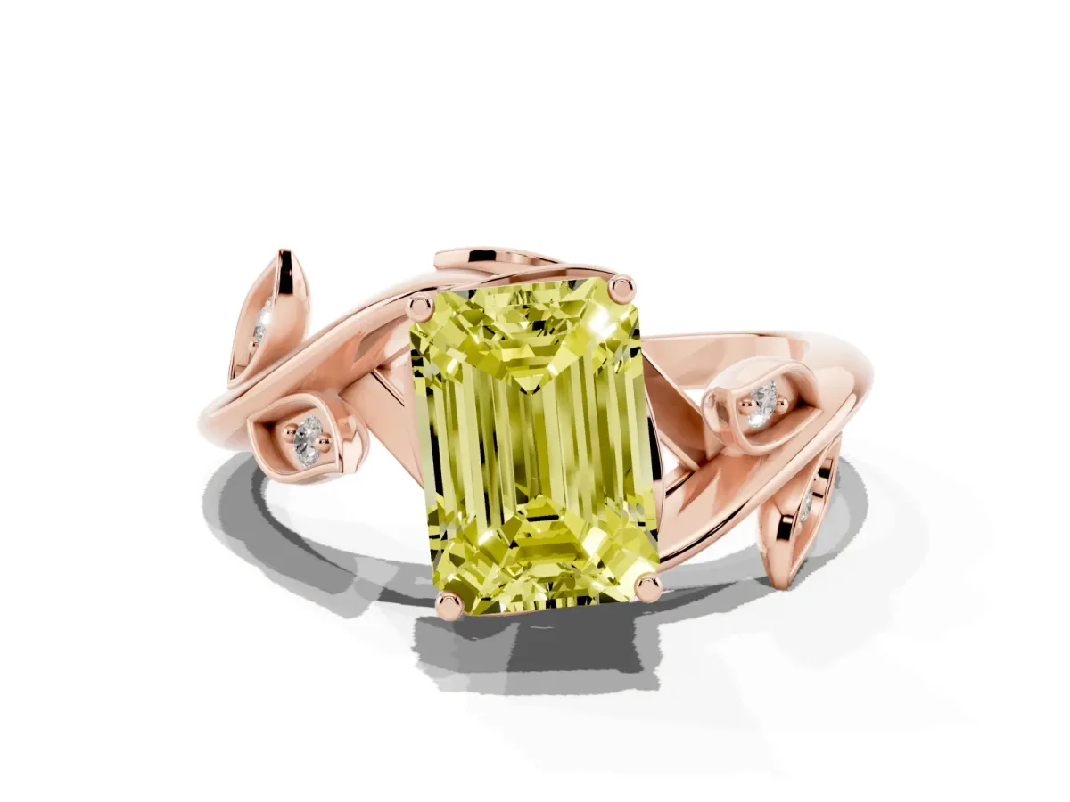 Fancy Yellow Emerald Cut Solitaire Twist Engagement Ring with Leaf Accents and Prong Setting Rose gold