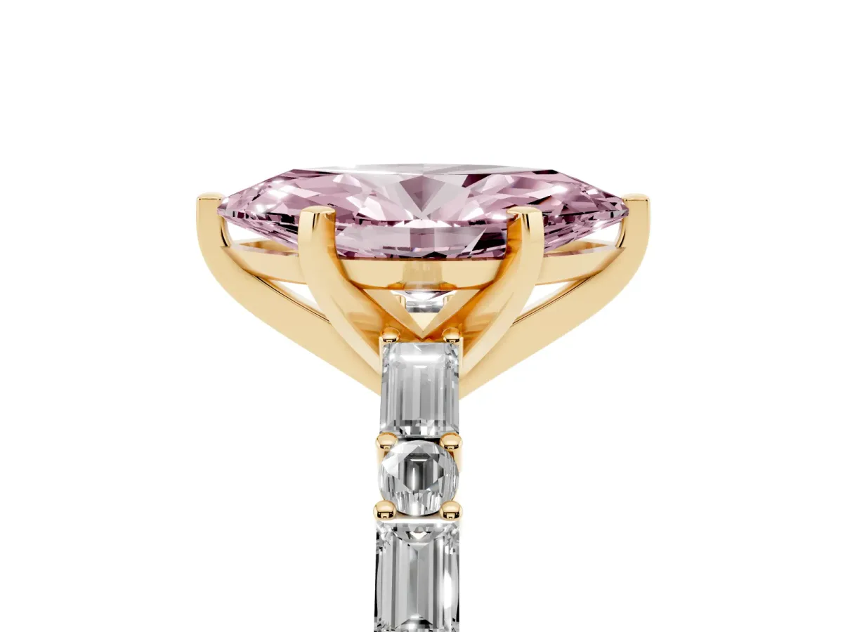 Fancy Pink Marquise Cut Diamond Solitaire with Side Baguettes and Channel Set Band Yellow gold