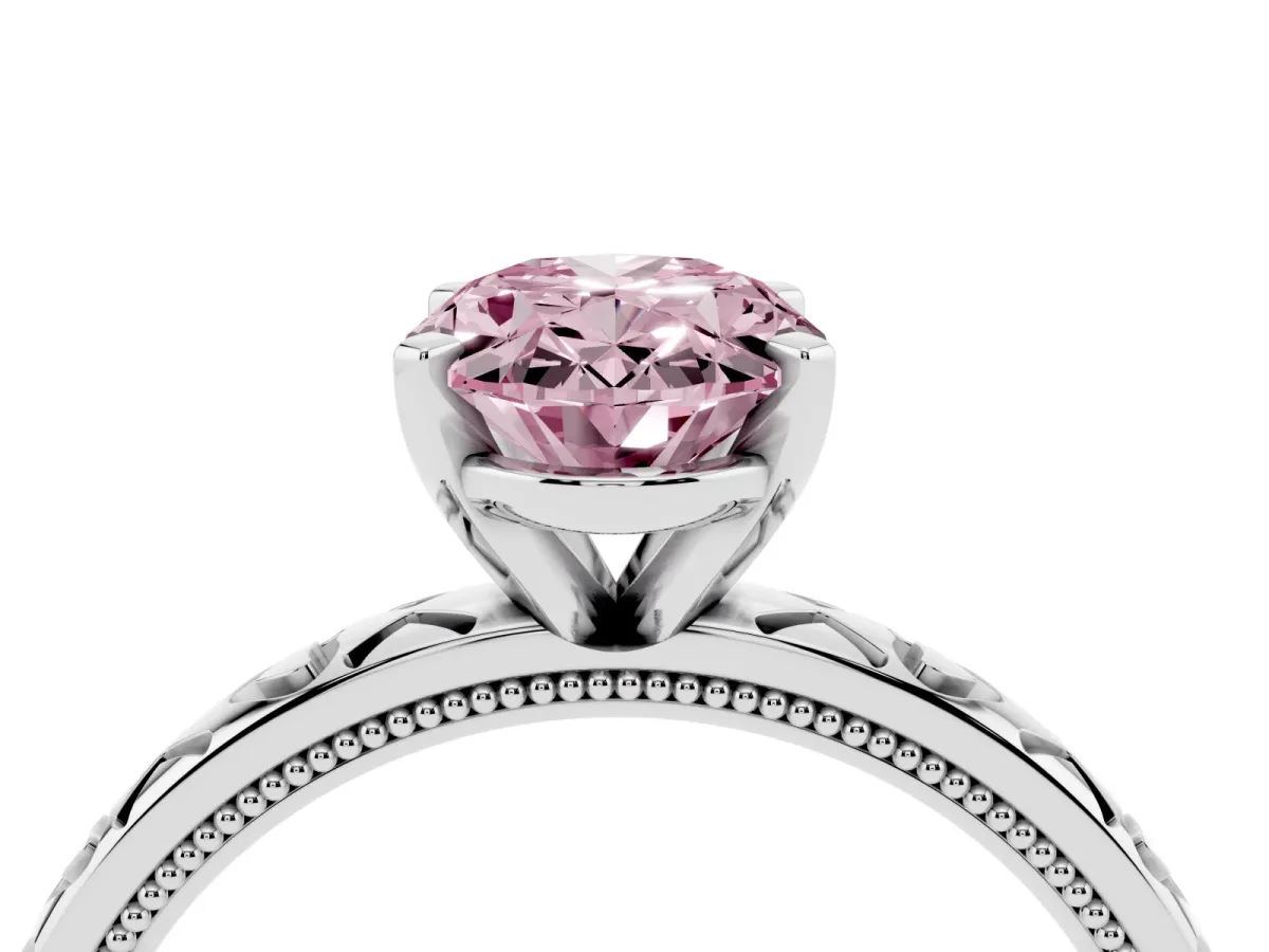 Fancy Pink Oval Cut Solitaire Diamond Engagement Ring with XO Engraved Band and Four-Prong Setting Platinum