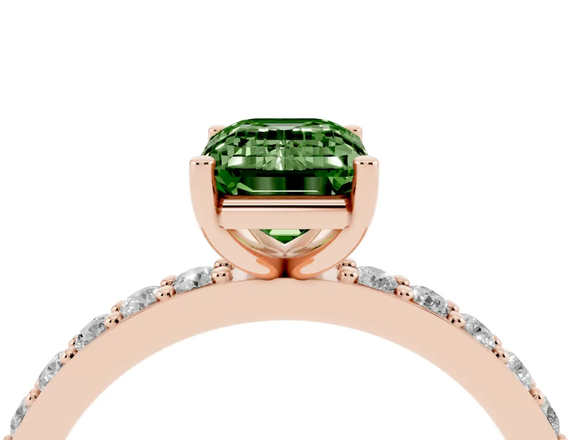 Fancy Green Emerald Cut Cut Diamond Solitaire with Pave Band and Four-Prong Setting Rose gold