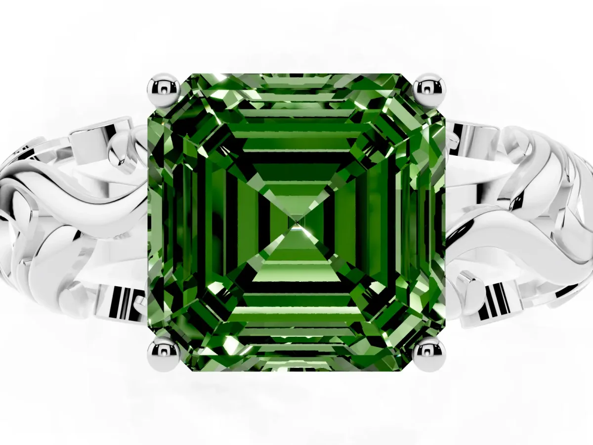 Fancy Green Asscher Cut Solitaire Diamond Leaf-Inspired Vine Band Ring with Prong Setting Silver
