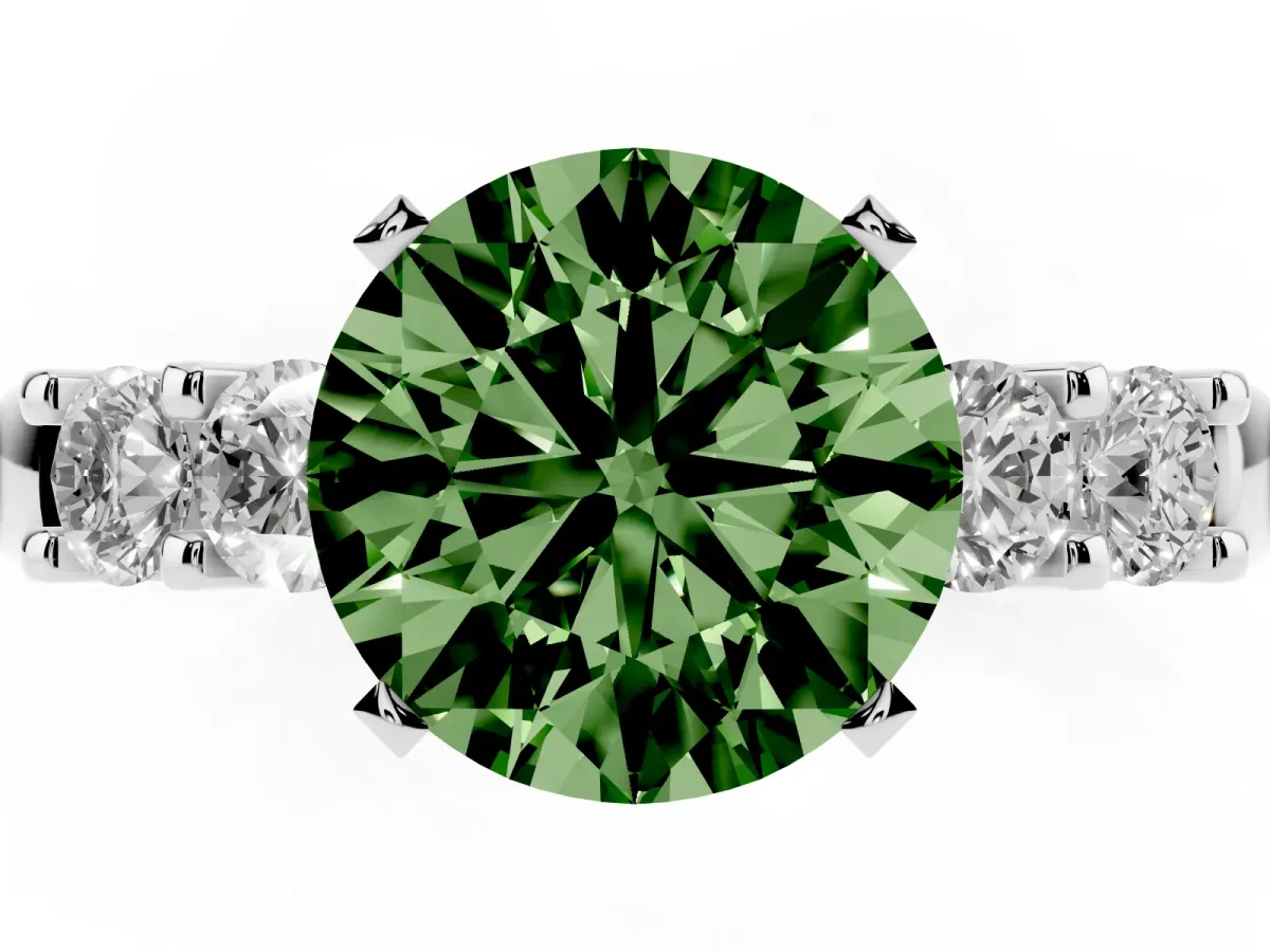 Fancy Green Round Cut Brilliant Cut Diamond Five-Stone Prong Set Engagement Ring with Channel Band Silver
