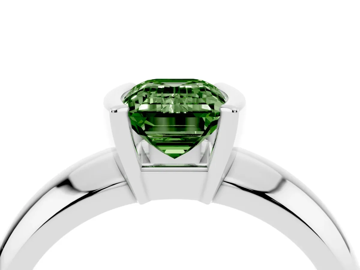 Fancy Green Emerald Cut Solitaire Tension Set Diamond Ring with Wide Band Platinum