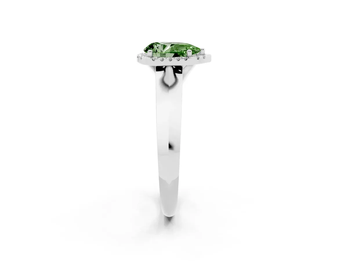Fancy Green Pear Cut Halo Diamond Ring with Cathedral Band and Four-Prong Setting Silver