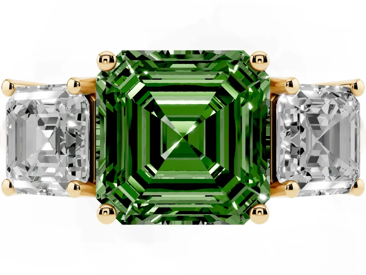 Fancy Green Three-Stone Asscher Cut Diamond Engagement Ring with Prong Setting Yellow gold