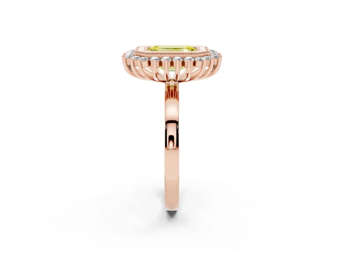 Fancy Yellow Emerald Cut Halo Diamond Ring with Milgrain Edge and Round Prong Setting Rose gold