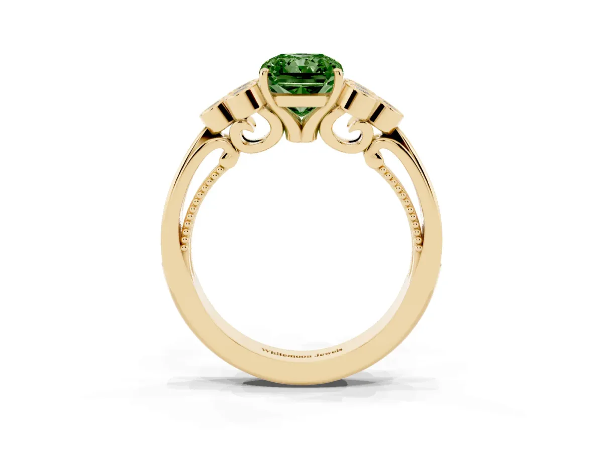 Fancy Green Radiant Cut Cut Diamond Engagement Ring with Bezel Set Round Side Stones and Prong Setting Yellow gold
