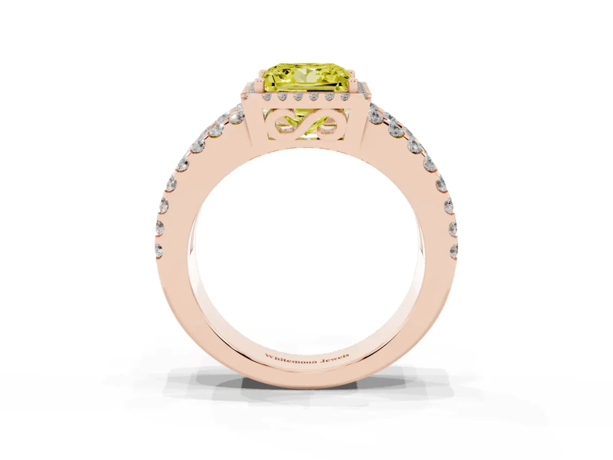 Fancy Yellow Princess Cut Cut Halo Split Shank Diamond Ring with Four-Prong Setting Rose gold