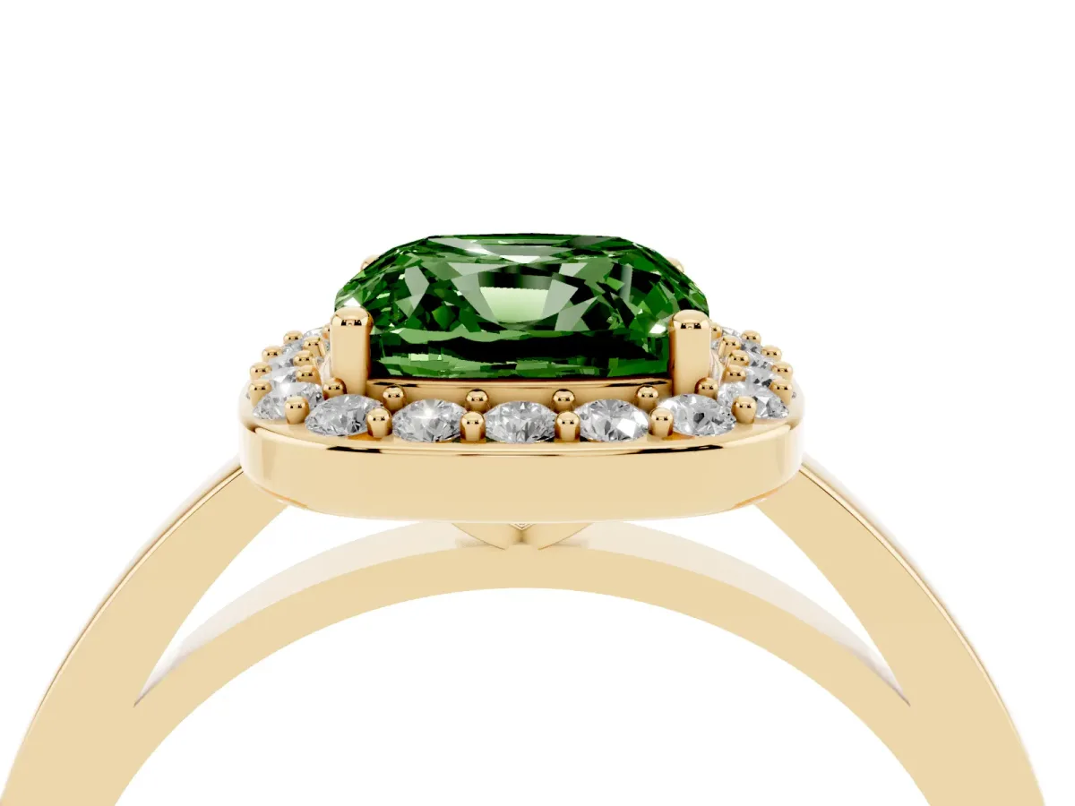 Fancy Green Cushion Cut Halo Diamond Ring with Solitaire Band and Prong Setting Yellow gold