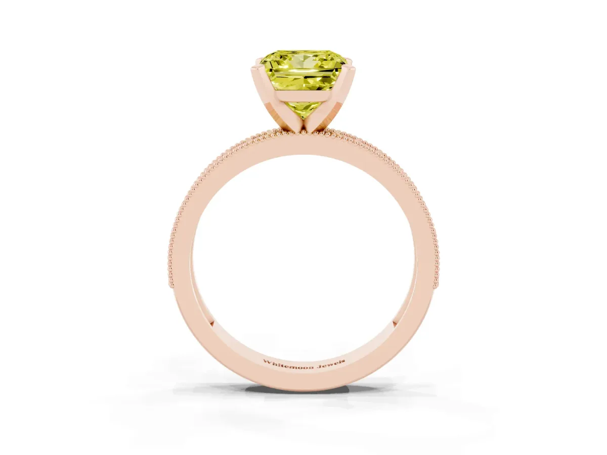 Fancy Yellow Princess Cut Diamond Milgrain Pavé Engagement Ring with Four-Prong Setting Rose gold