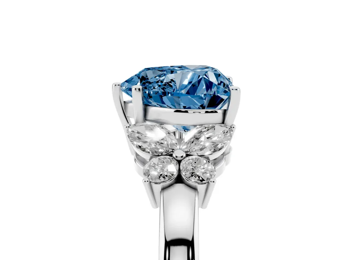 Fancy Blue Heart Cut Cut Solitaire Floral Diamond Ring with Four-Prong Setting Silver