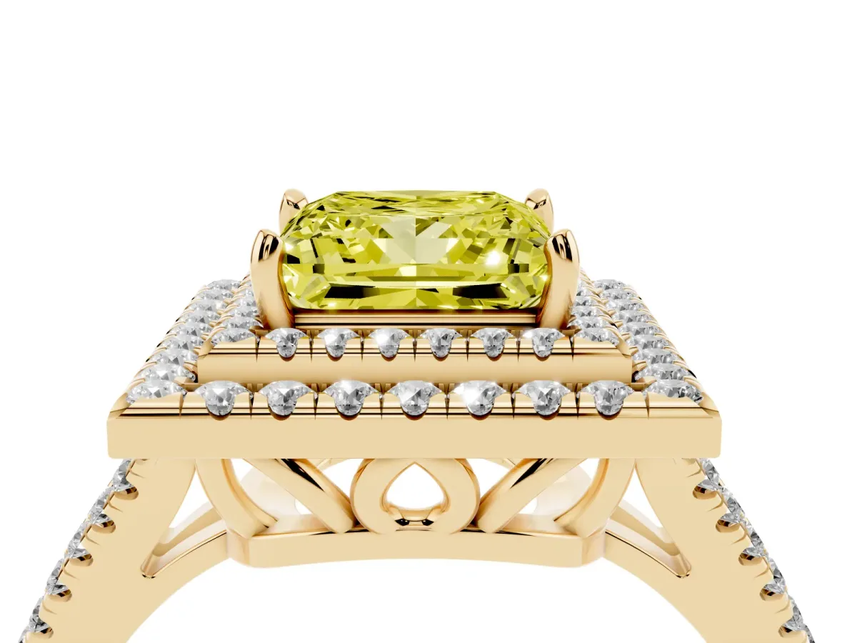 Fancy Yellow Princess Cut Diamond Double Halo Ring with Pavé Band and Prong Setting Yellow gold