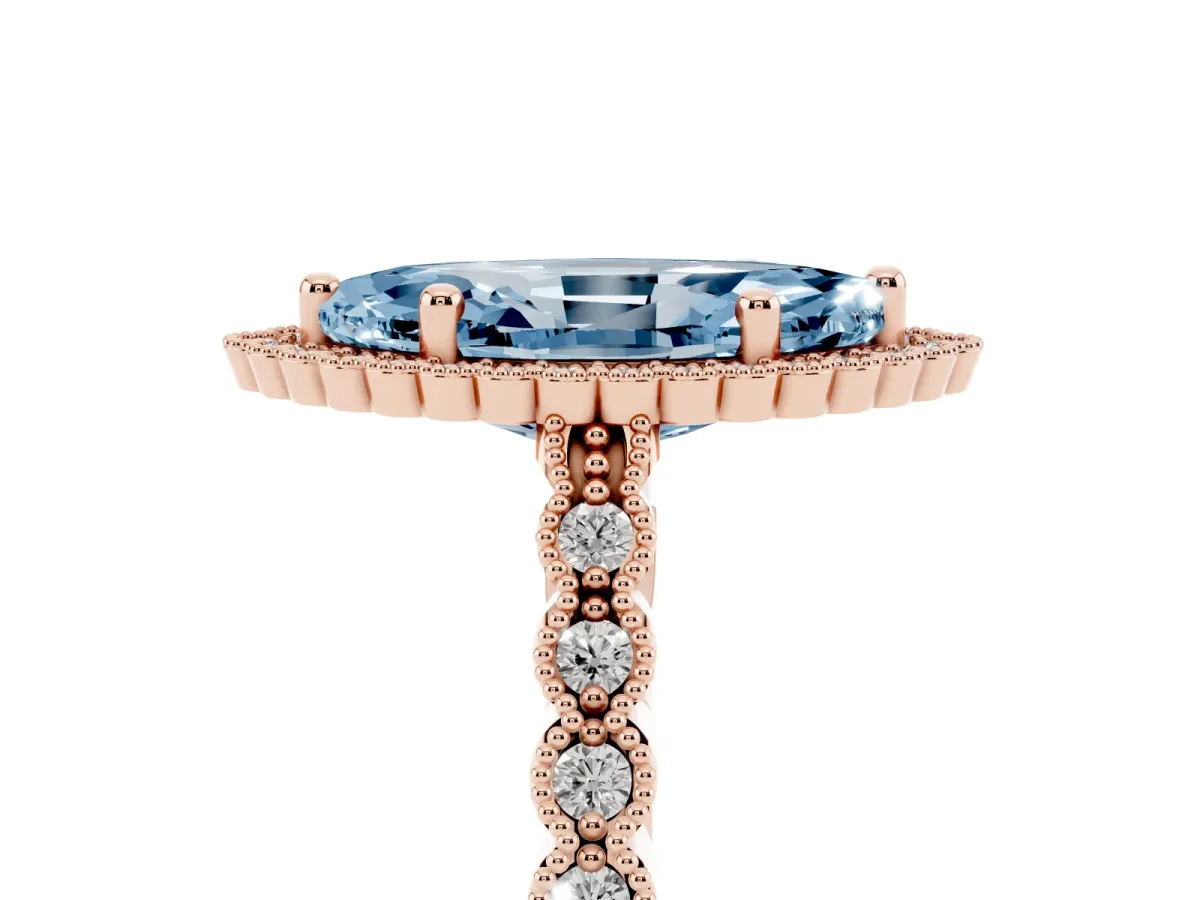 Fancy Blue Marquise Cut Cut Halo Pavé Solitaire Ring with Milgrain Band Rose gold