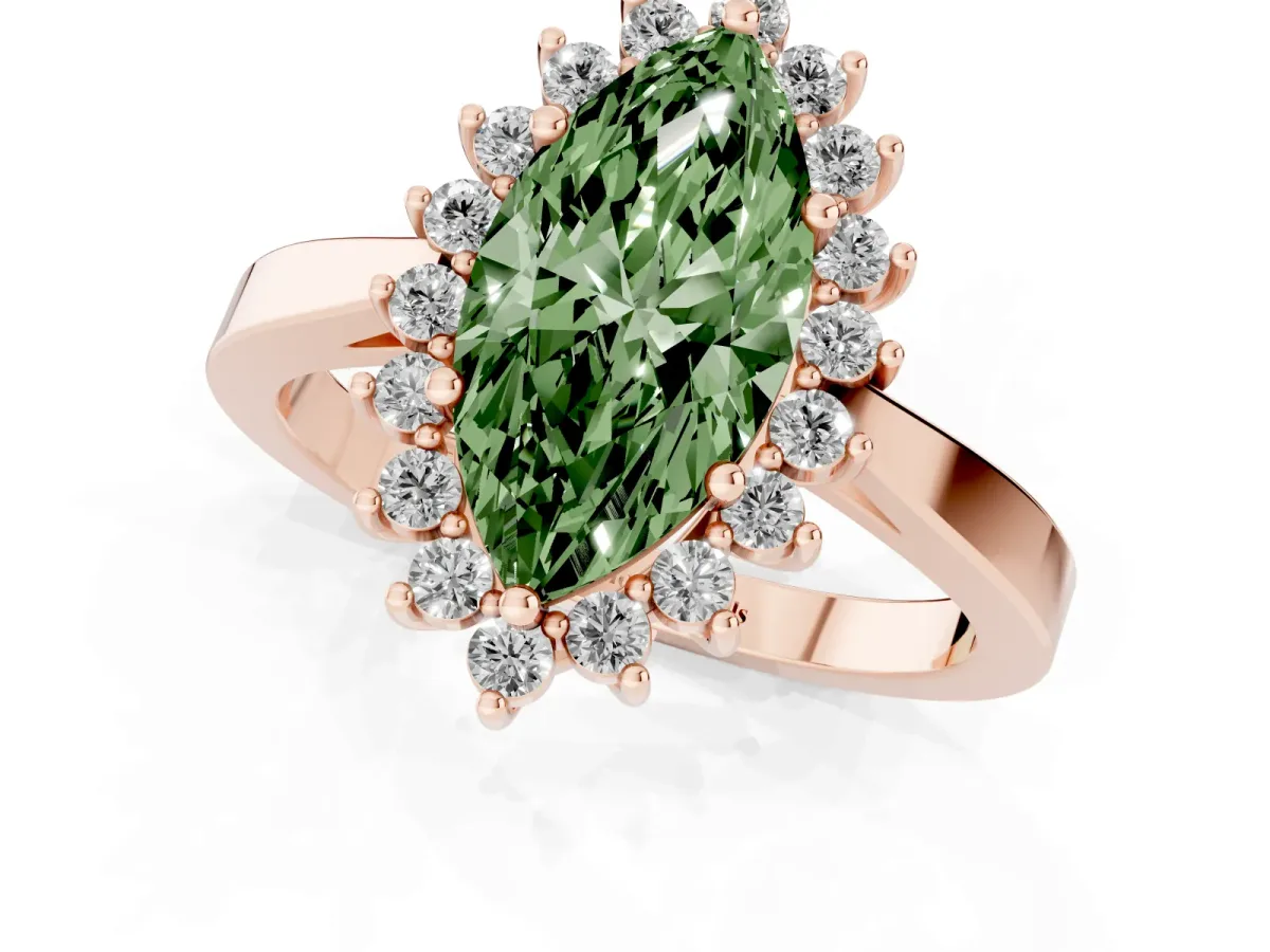Fancy Green Marquise Cut Cut Diamond Halo Ring with Round Brilliant Halo and Solitaire Band Rose gold