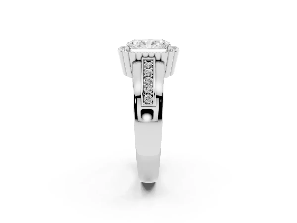Radiant Cut Cut Halo Pave Band Four-Prong Ring Silver