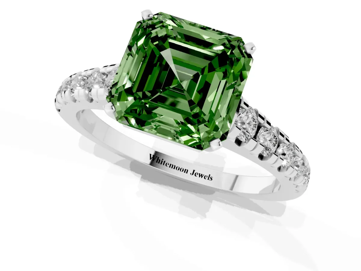 Fancy Green Asscher Cut Diamond Cathedral Solitaire Ring with Round Pavé Band Silver
