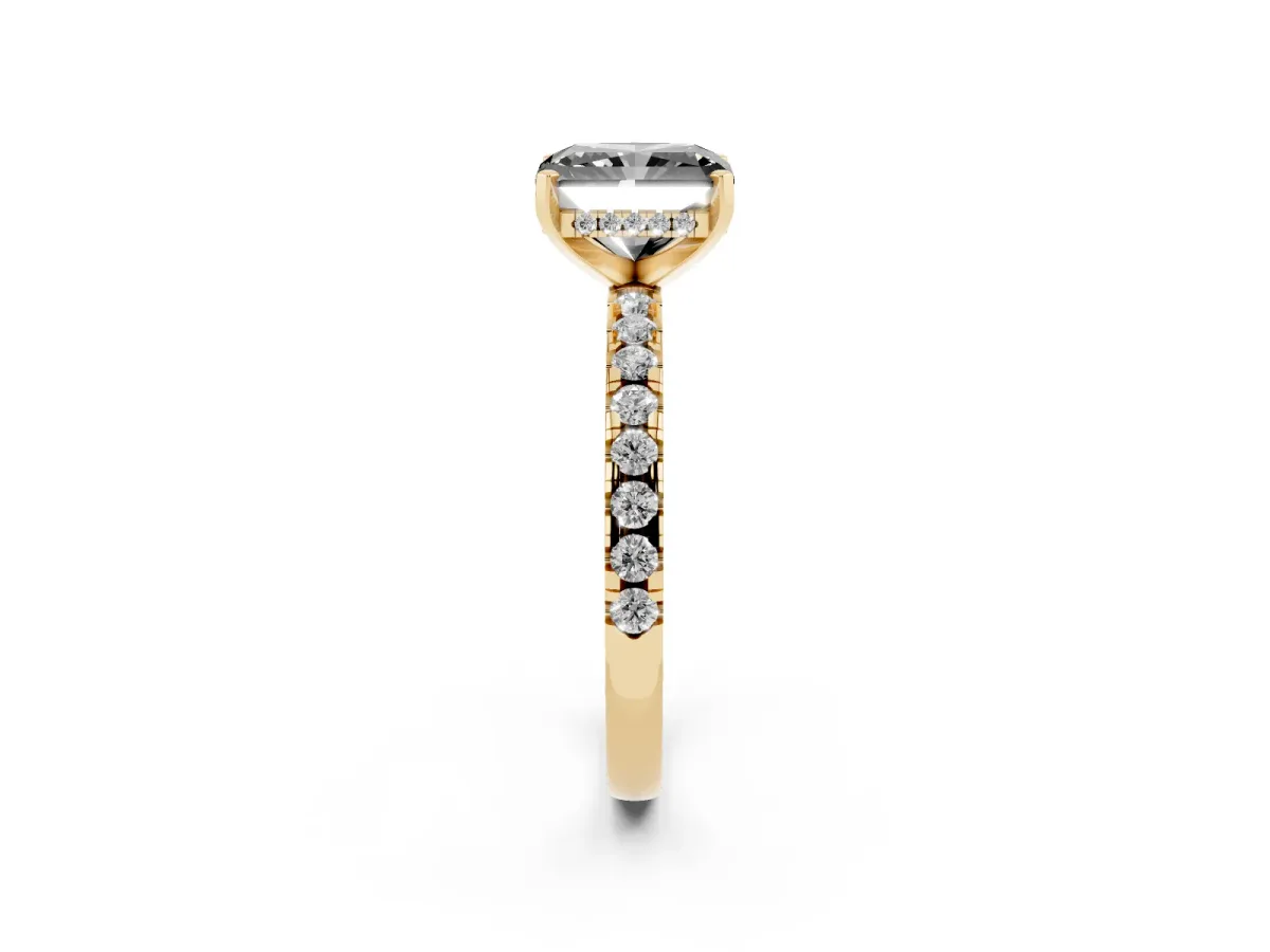 Fancy Black Radiant Cut Diamond Solitaire Ring with Round Pavé Band and Four-Prong Setting Yellow gold