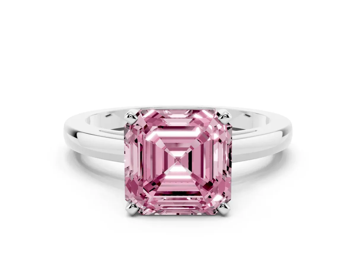 Fancy Pink Asscher Cut Solitaire Diamond Engagement Ring with Four-Prong Setting on a Classic Band Platinum