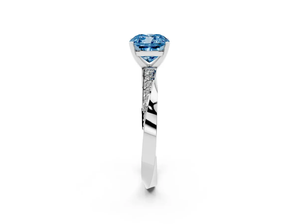 Fancy Blue Cushion Cut Diamond Engagement Ring with Side Stone Accents and Four-Prong Setting White gold