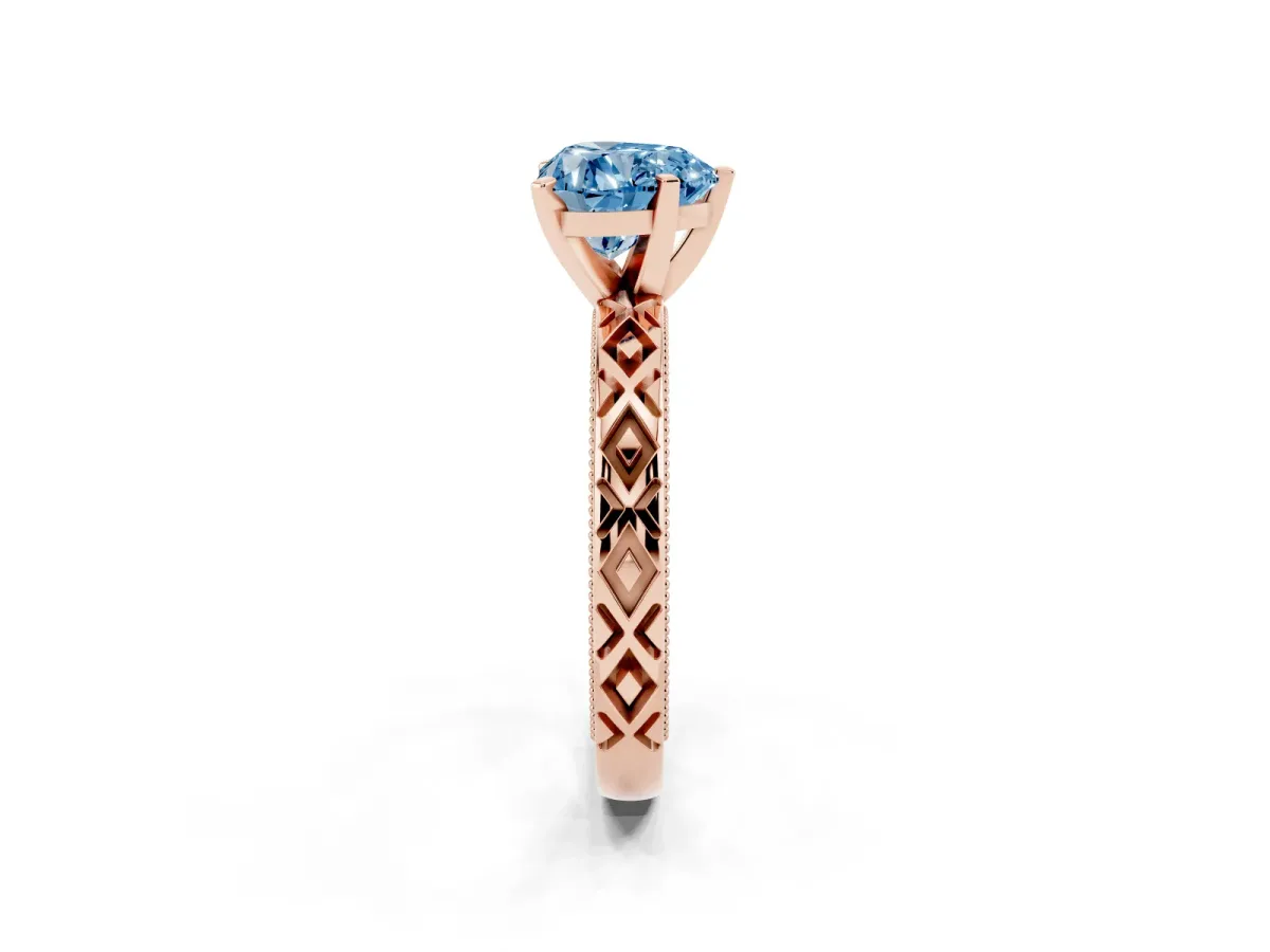Fancy Blue Heart Cut Solitaire Diamond Ring with Milgrain and Black Enamel X Pattern Band Rose gold