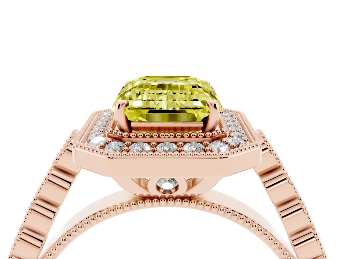 Fancy Yellow Emerald Cut Halo Milgrain Solitaire with Bezel Set Side Stones and Pave Band Rose gold