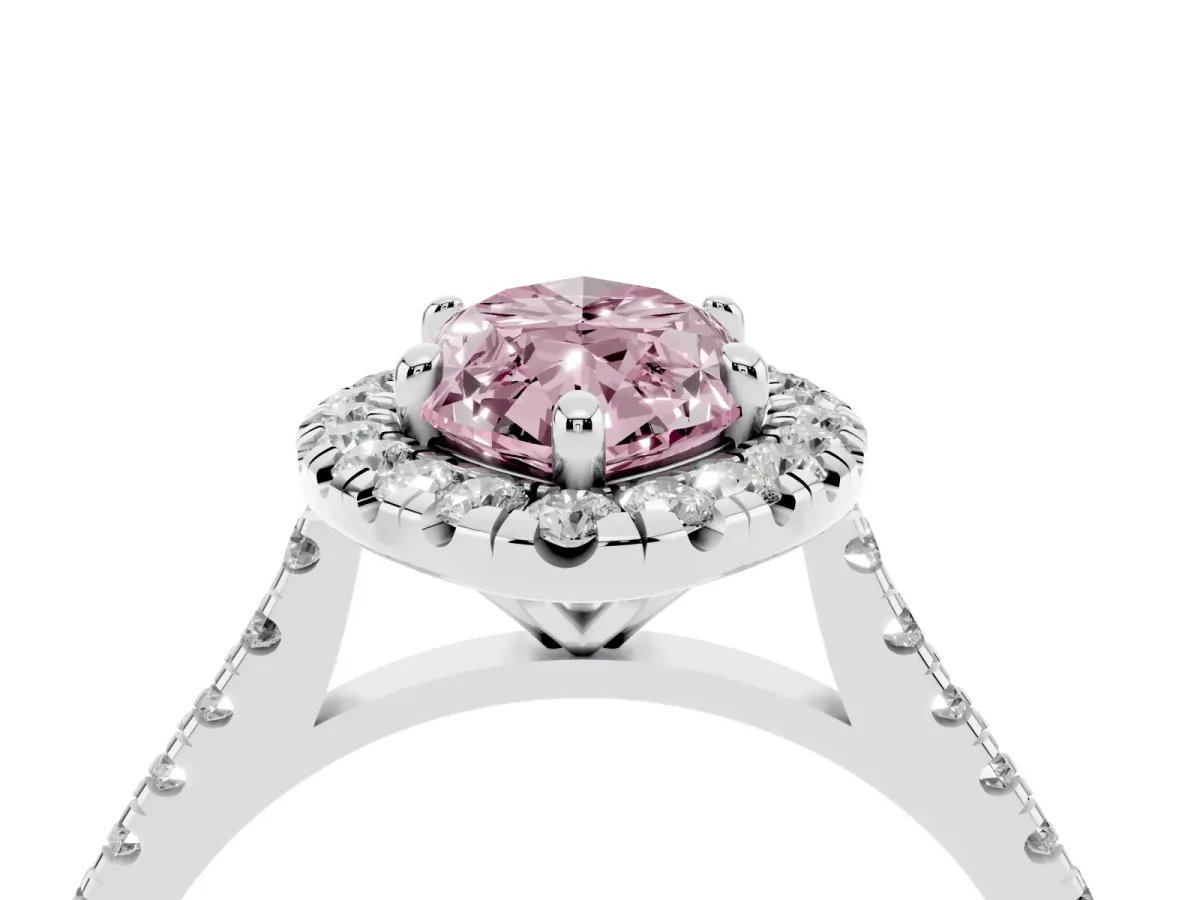Fancy Pink Marquise Cut Diamond Cushion Halo Ring with Pavé Band White gold