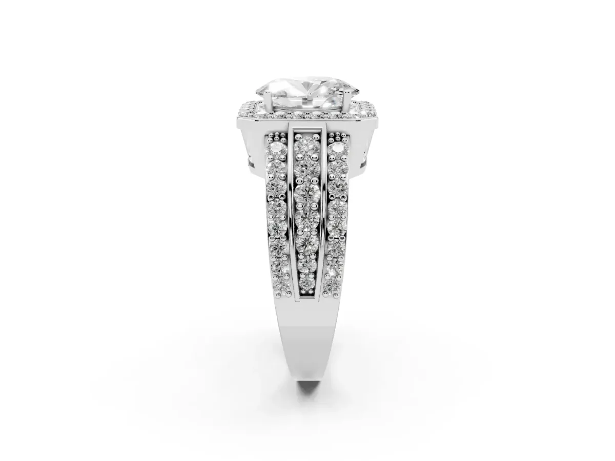 Oval Cut Halo Diamond Ring with Round Split Shank and Prong Setting Platinum