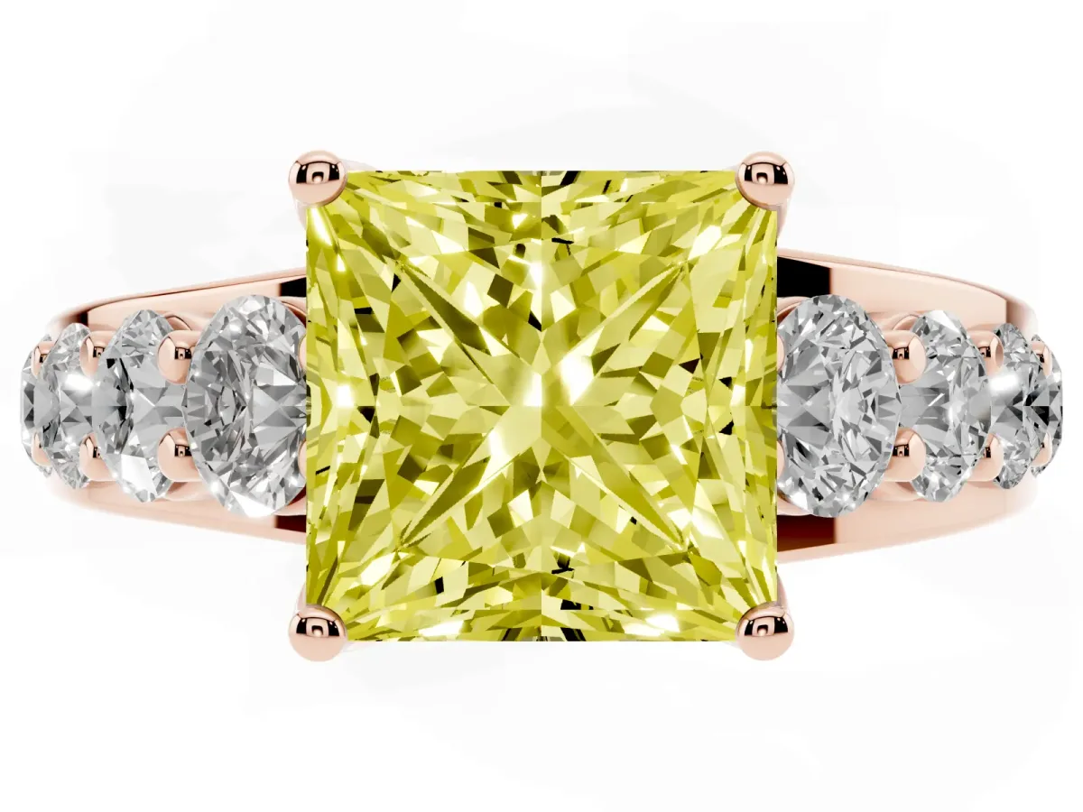 Fancy Yellow Princess Cut Diamond Engagement Ring with Pavé Band and Four-Prong Setting Rose gold