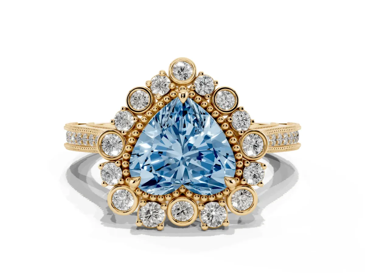 Fancy Blue Heart Cut Halo Milgrain Pave Diamond Ring with Four-Prong Setting Yellow gold