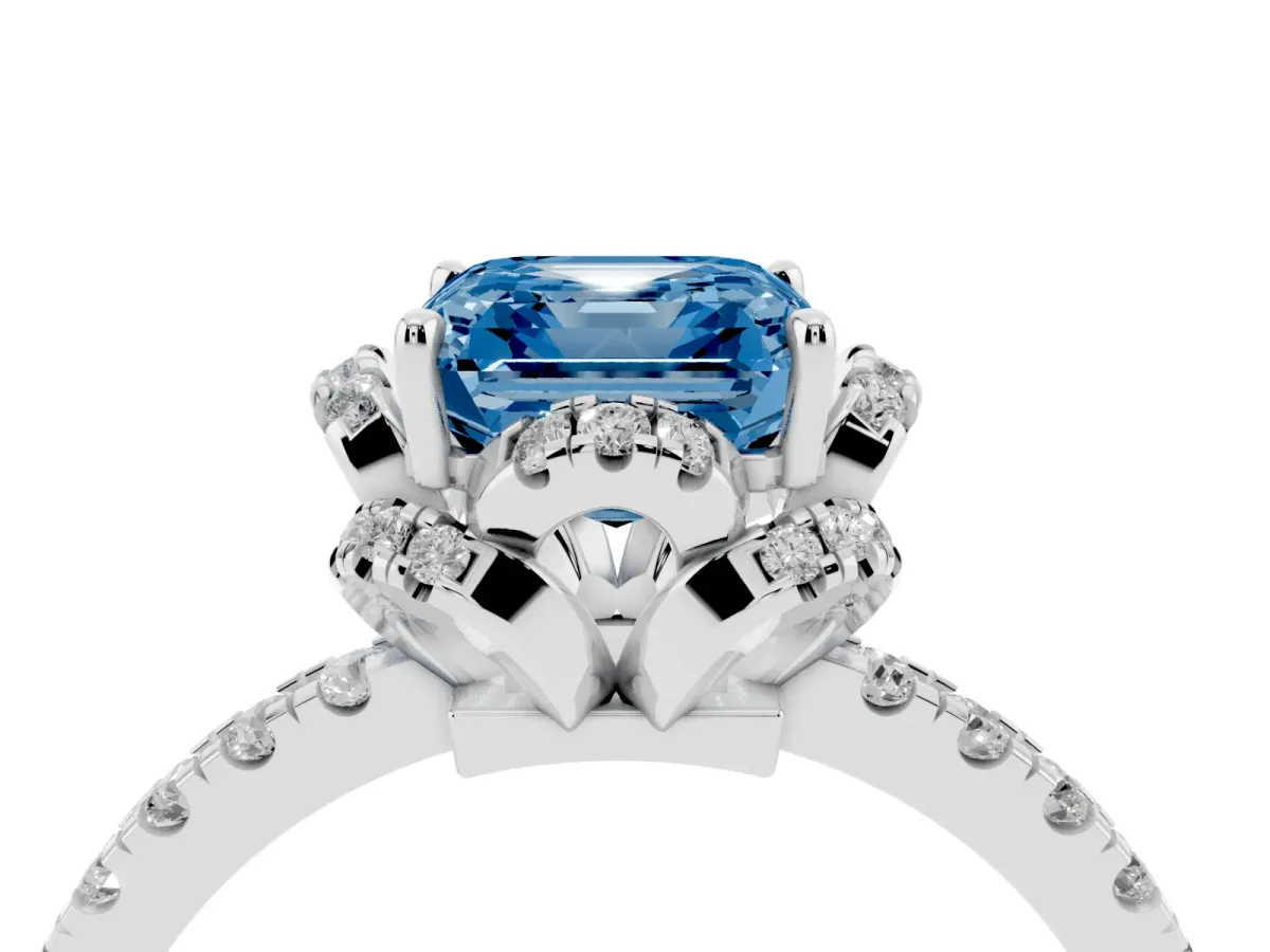 Fancy Blue Asscher Cut Halo Diamond Pave Band Ring with Four-Prong Setting Silver