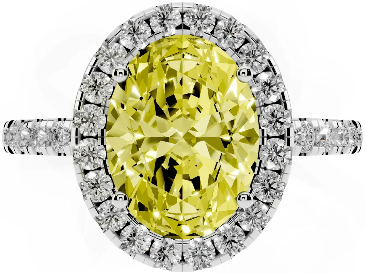 Fancy Yellow Oval Cut Halo Diamond Engagement Ring with Pavé Band and Four-Prong Setting Silver