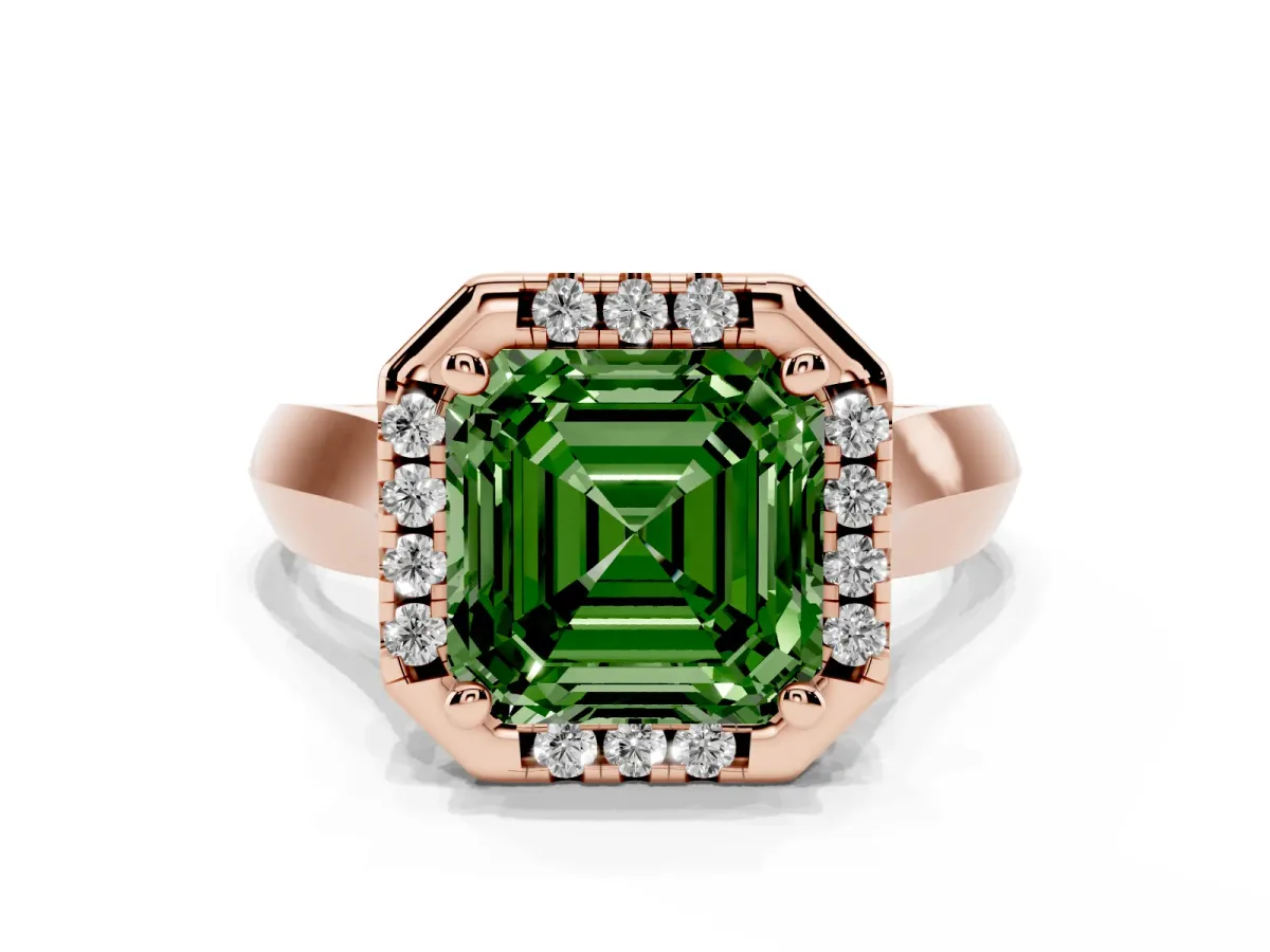 Fancy Green Asscher Cut Cut Halo Solitaire Engagement Ring with Square Band and Four-Prong Setting Rose gold