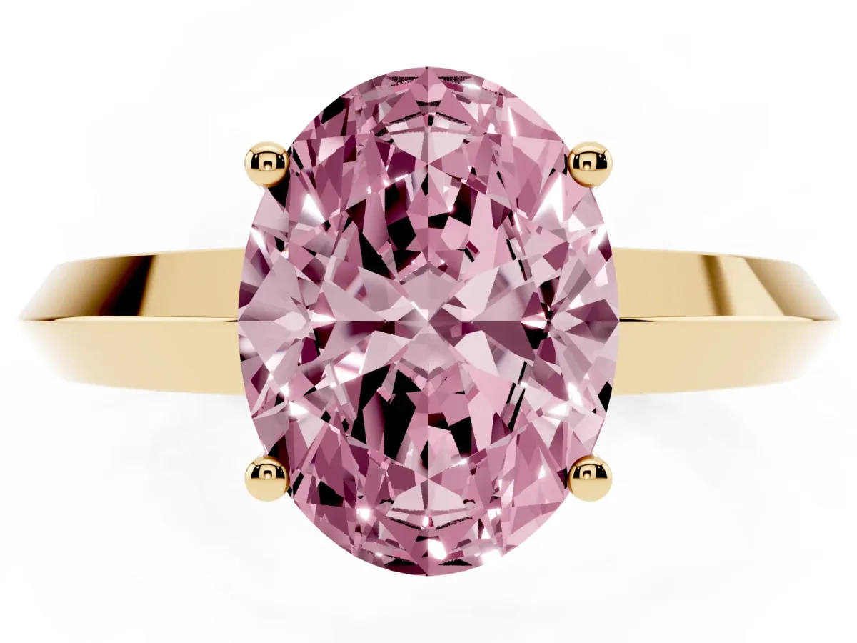 Fancy Pink Oval Cut Cut Solitaire Engagement Ring with Flat Band and Four-Prong Setting Yellow gold
