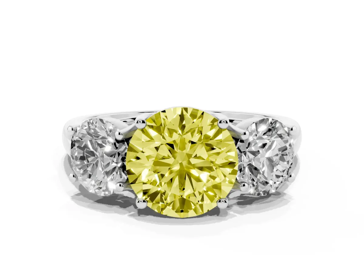 Fancy Yellow Three-Stone Round Cut Diamond Engagement Ring with Prong Setting Platinum