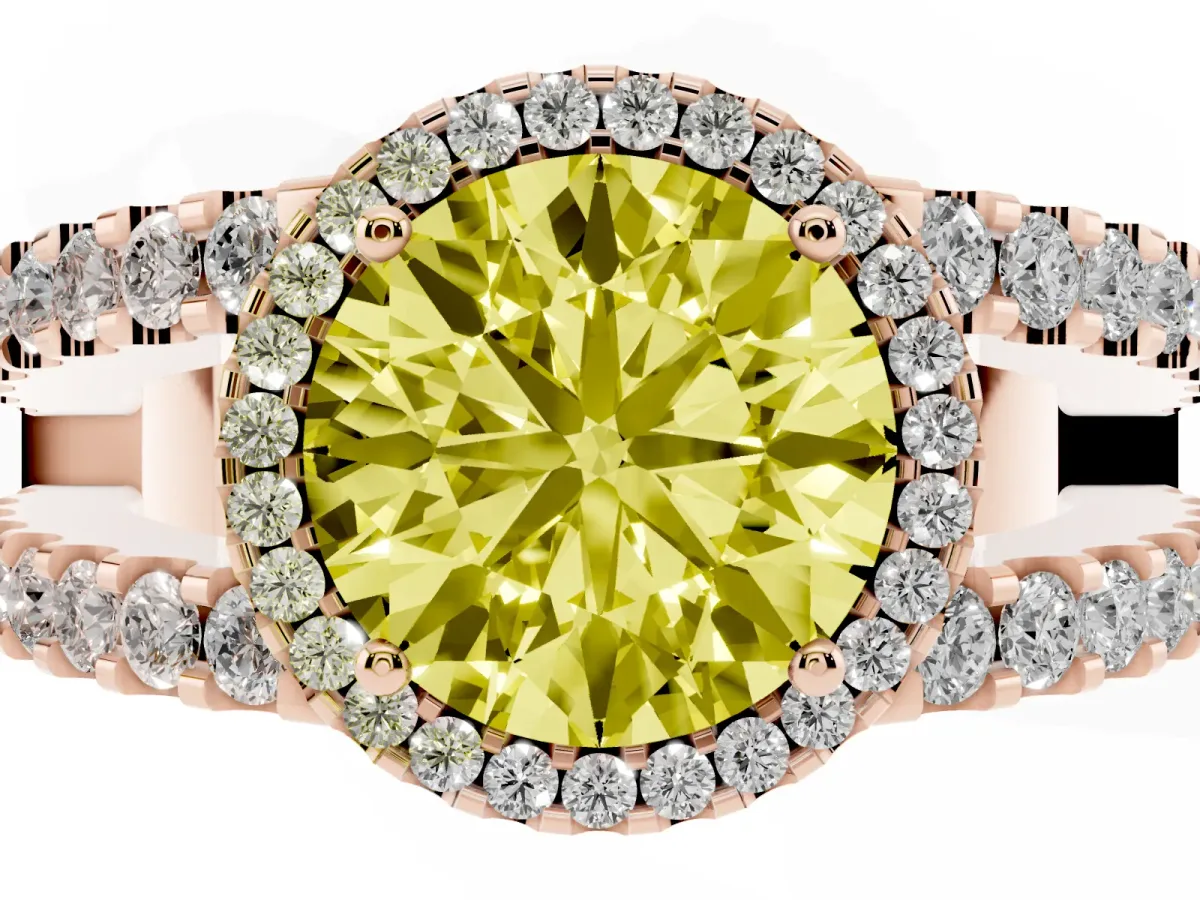 Fancy Yellow Round Cut Cut Halo Split Shank Diamond Ring with Four-Prong Setting Rose gold