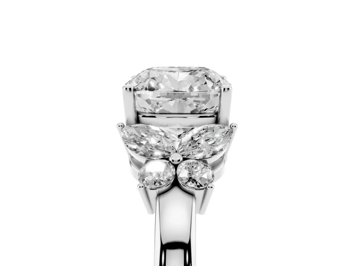 Cushion Cut Cut Solitaire Floral Diamond Ring with Four-Prong Setting Silver
