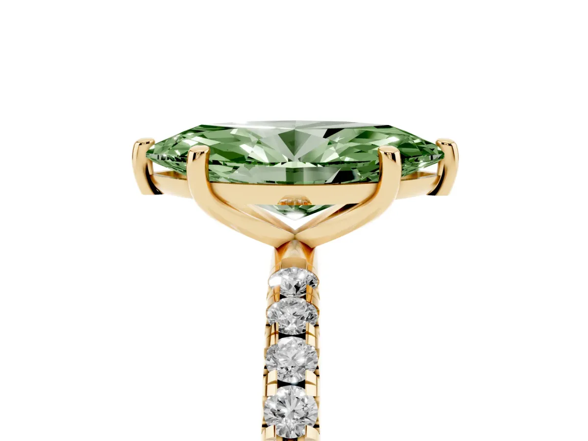Fancy Green Marquise Cut Cut Diamond Solitaire Ring with Micro Pave Band and Four Prong Setting Yellow gold