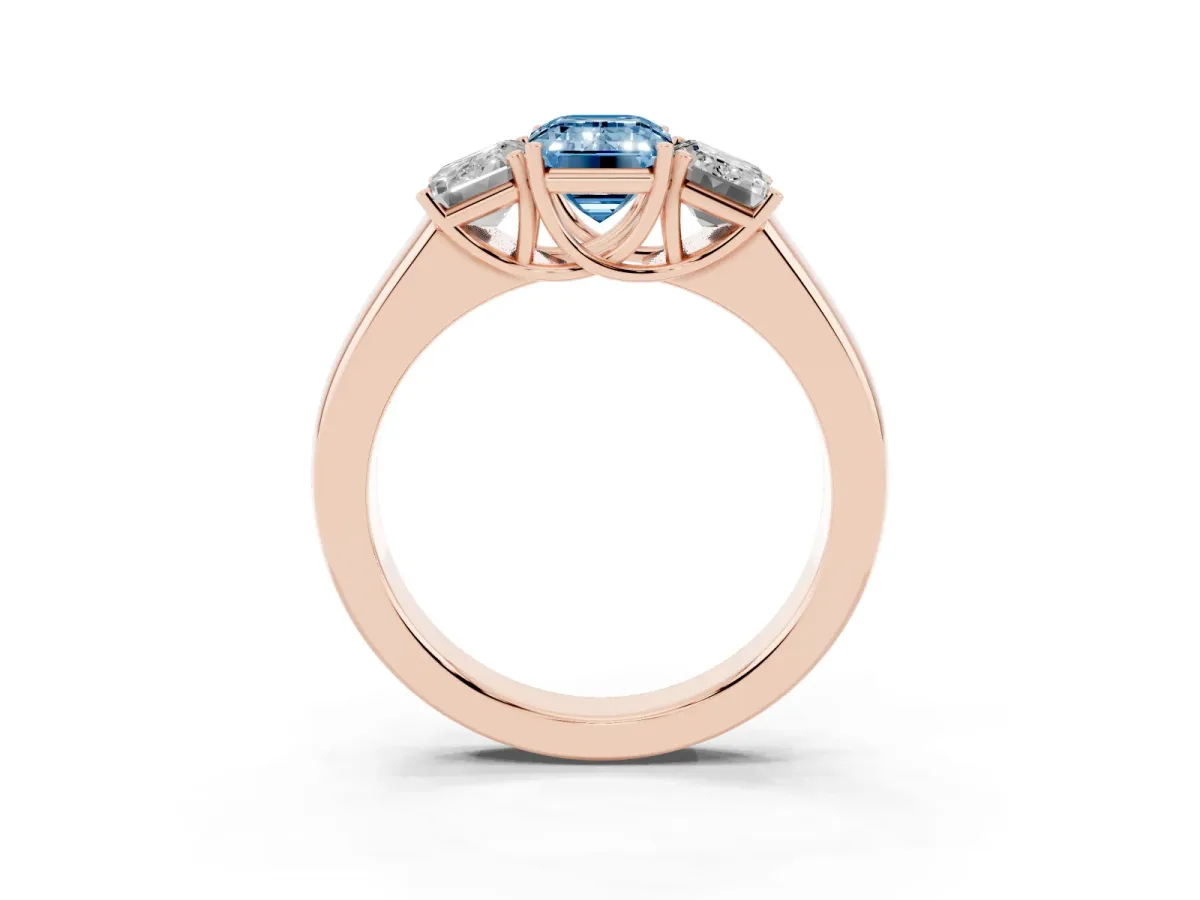 Fancy Blue Three-Stone Emerald Cut Cut Diamond Ring with Prong Setting and Classic Band Rose gold