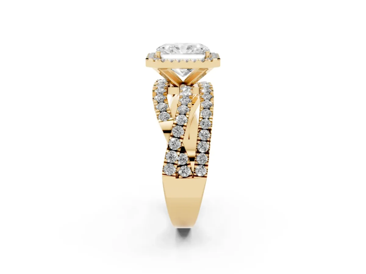 Radiant Cut Diamond Halo Ring with Round Split Shank and Prong Setting Yellow gold
